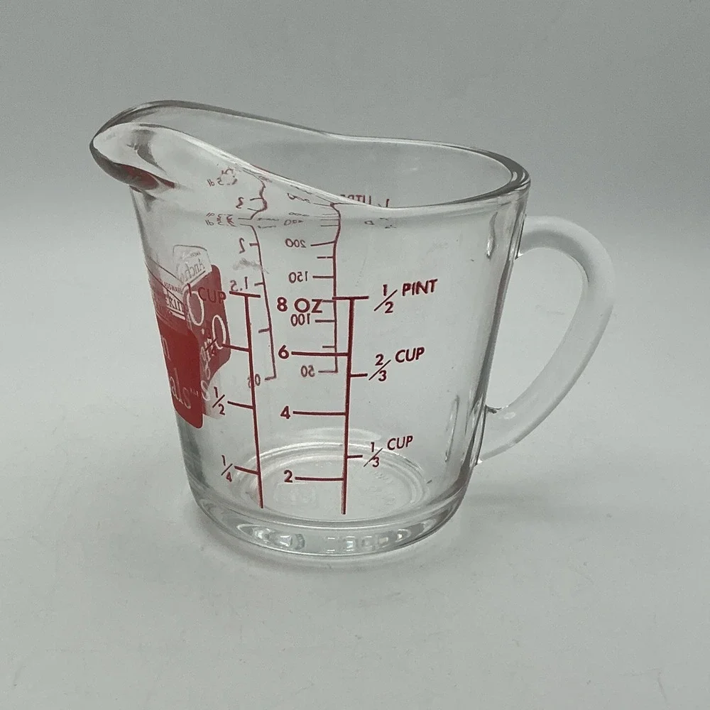 Vintage Anchor Hocking Oven Basics #496 Red Print 1 Cup/8 oz Glass Measuring Cup